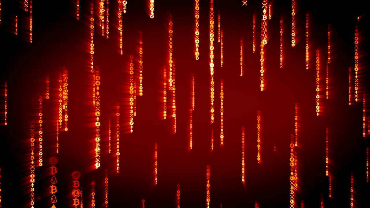 Digital red crypto coins falling in Matrix. Seamless concept with alpha matte