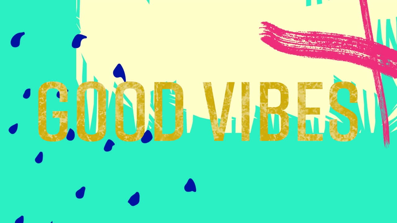 Animation of good vibes text over shapes on green background