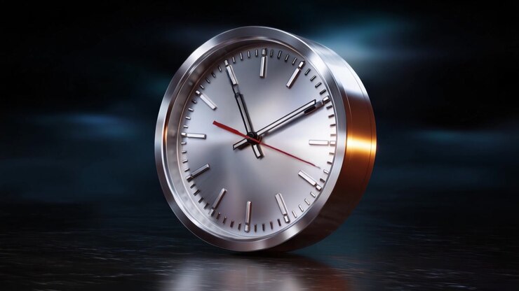 A close-up view of a sleek, modern silver wall clock with minimalist design, showcasing its precise timekeeping features against a dramatic background.