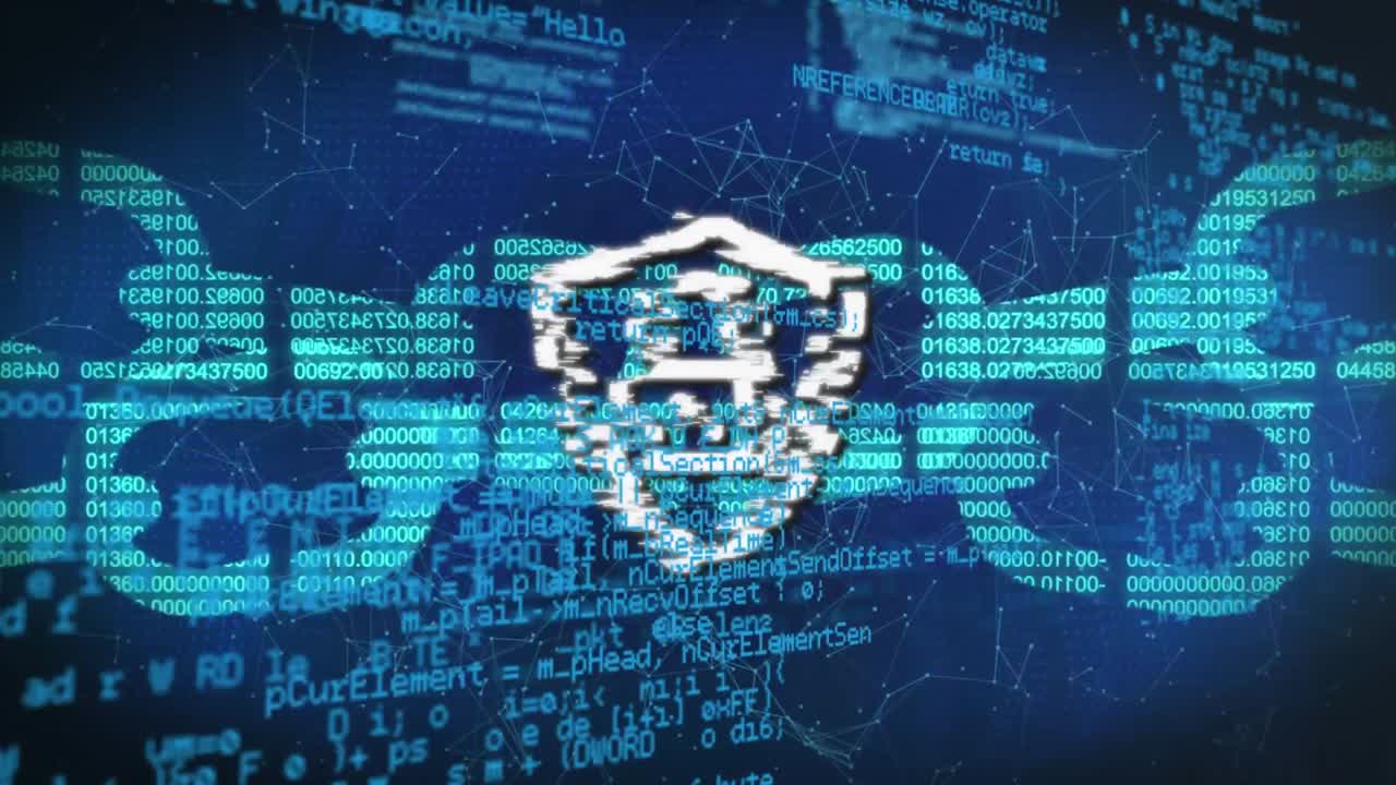 Animation of online security padlock and chain over data processing