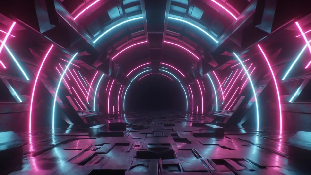 Futuristic Sci-Fi Tunnel with Glowing Pink and Blue Neon Lights