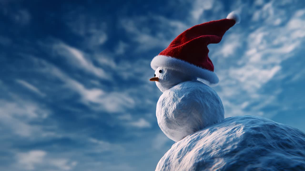 Ein skurriler Schneemann mit einer klassischen roten Weihnachtsmannmütze steht stolz auf einem schneebedeckten Hügel vor einem wunderschönen, bewölkten Himmel und fängt die Essenz der winterlichen Freude und des festlichen Geistes in einer entzückenden Szene ein