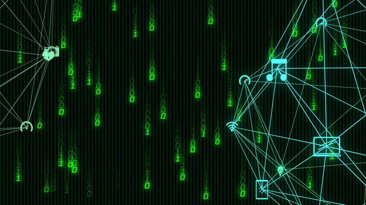 Animation of binary coding and digital data processing over globes with icons and connections