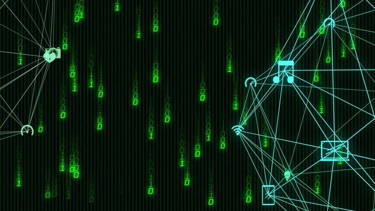 Animation of binary coding and digital data processing over globes with icons and connections