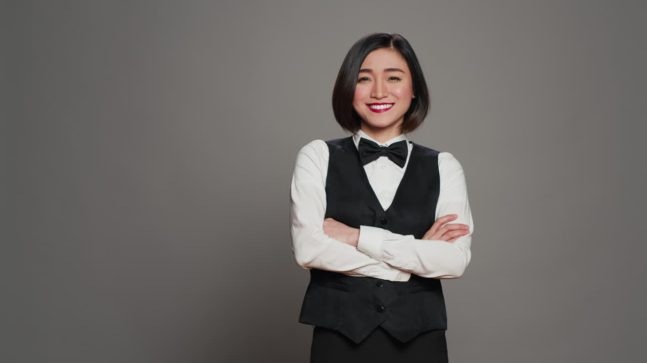 La receptionist asiatica posa con le braccia incrociate davanti alla telecamera