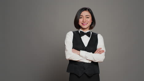 asian receptionist posing with arms crossed on camera