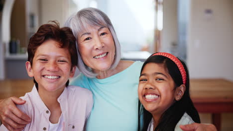 face, smile and children hug grandmother in home
