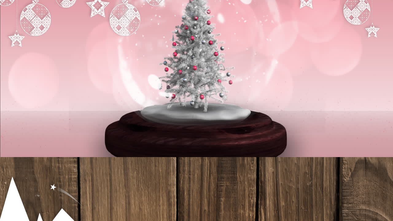 핑크색 배경에 나무와 함께 눈이 떨어지고 빛나는 반점의 애니메이션