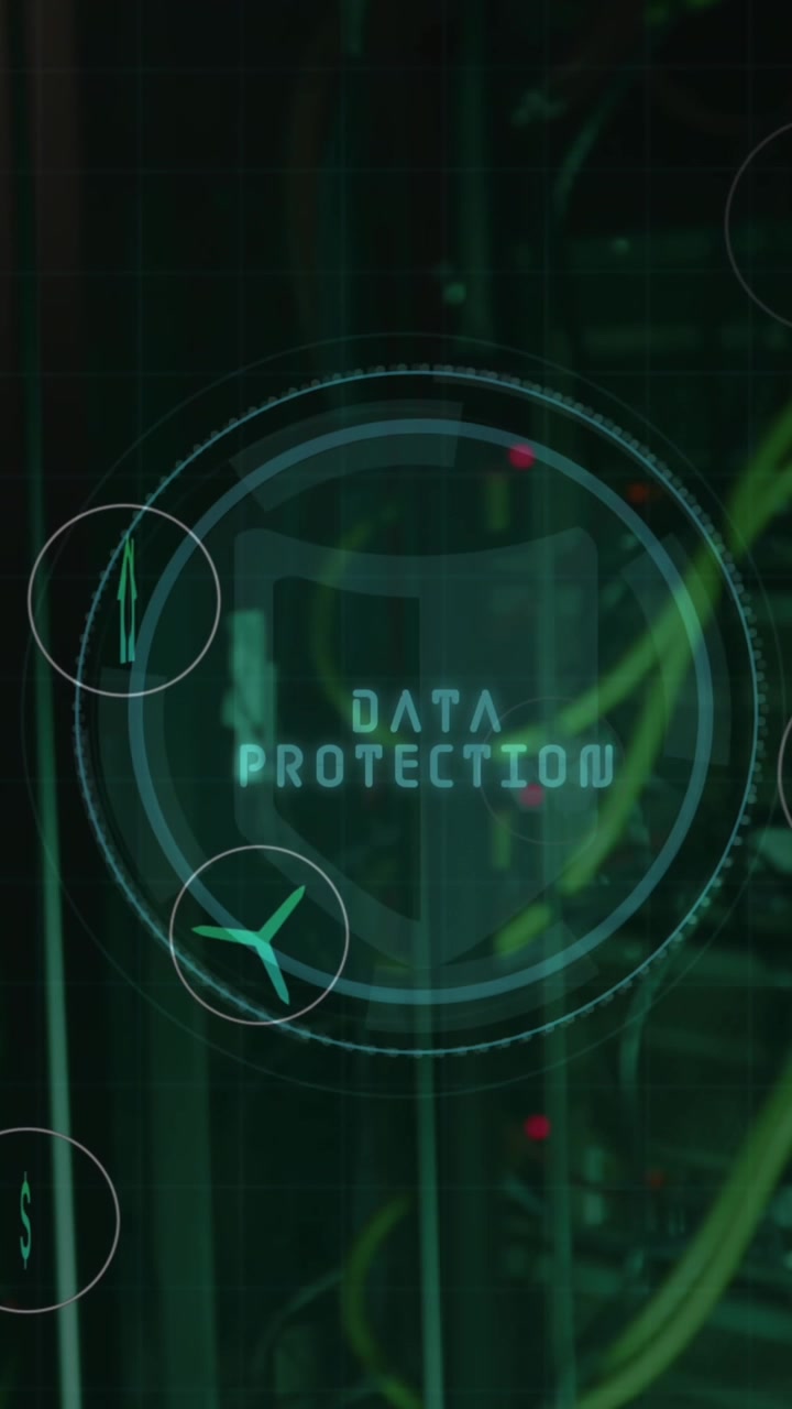 Animation of data protection text, fingerprint, shield and icons over server room in background
