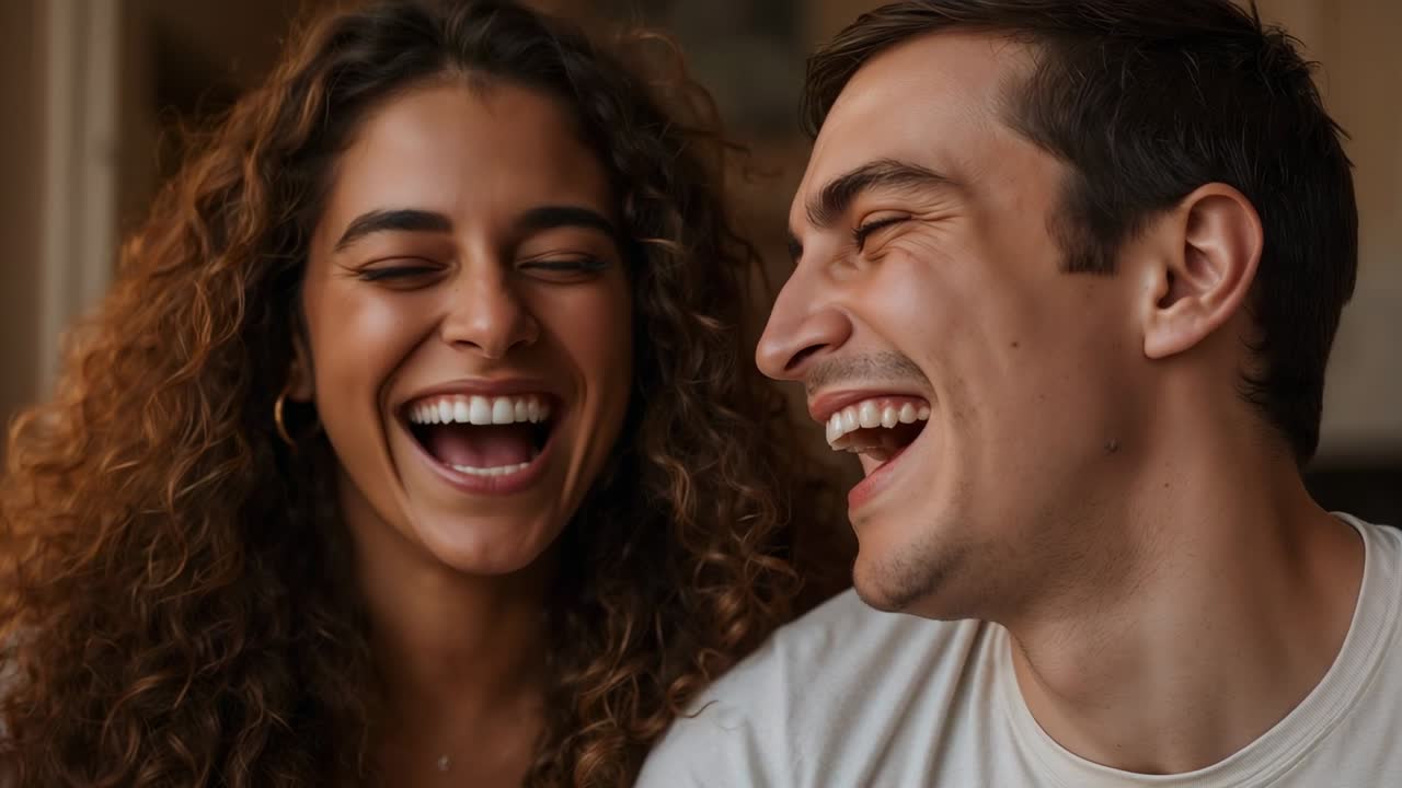 Pareja sonriente y divertida mirándose en el salón mientras se inclinan y muestran pendientes de aro