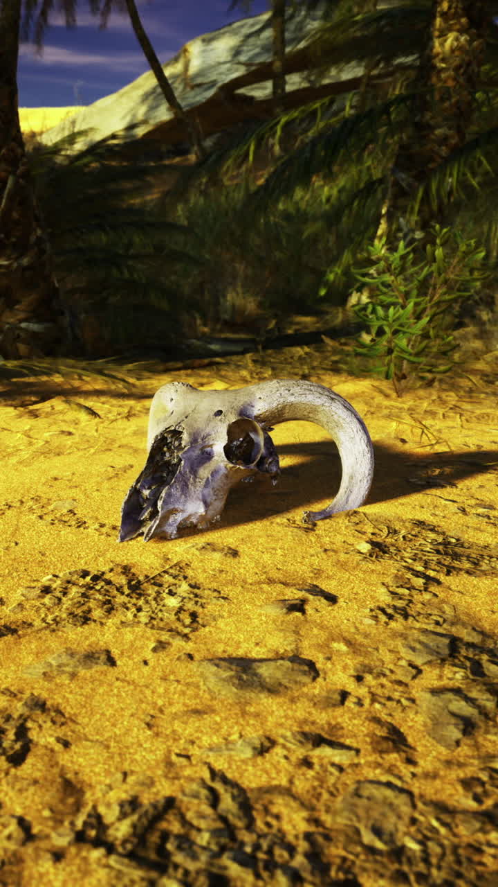 Mystery skull discovered in a desert landscape surrounded by palm trees