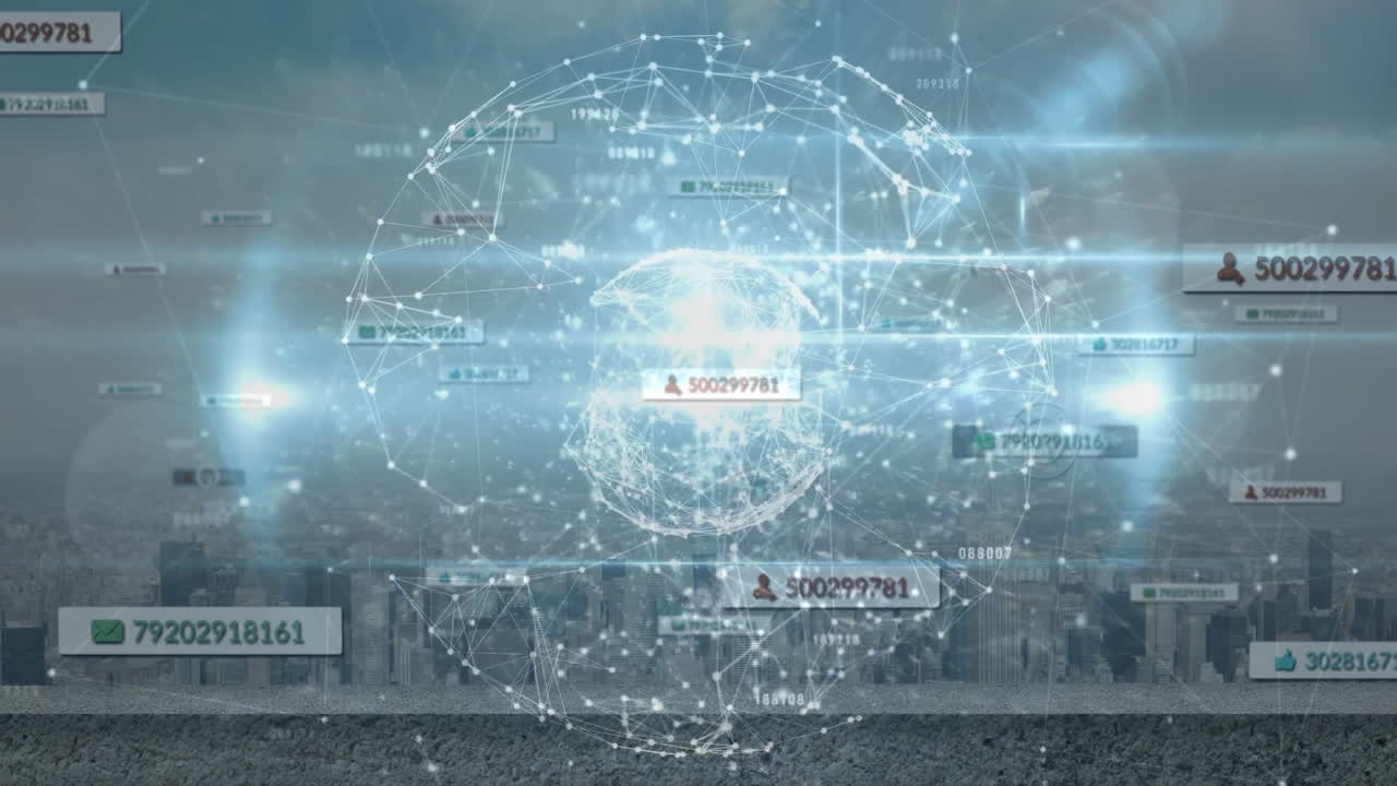 Holographic network globe floating over rooftop, showing numeric ID tags and city skyline overlays