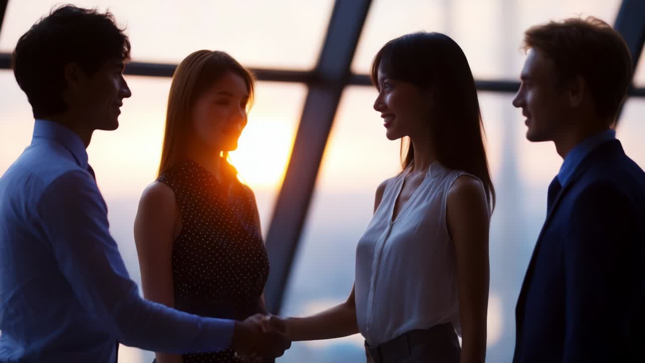 A Professional Networking Moment: Two Pairs of Colleagues Engaged in Conversation While Shaking Hands at Sunset in a Modern Office Setting, Highlighting the Importance of Relationships in Business