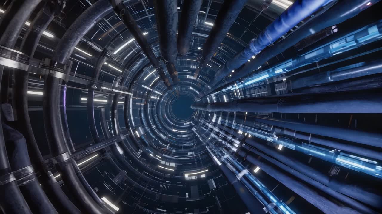 Futuristic Digital Tunnel with Glowing Pipes and Lights
