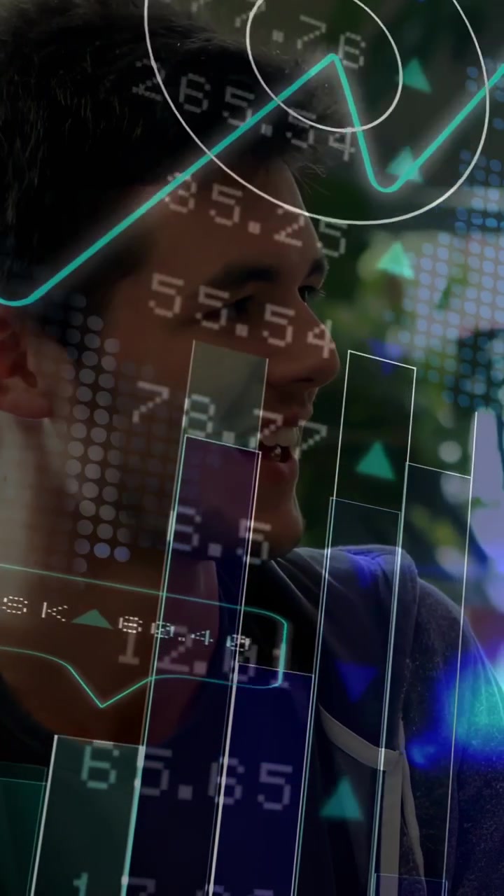 Man turning toward right, reacting to overlay highlighting stock values and animated target circles