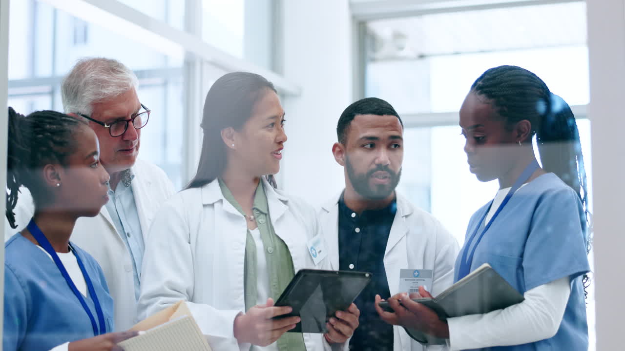 Tablet, healthcare and team of doctors meeting