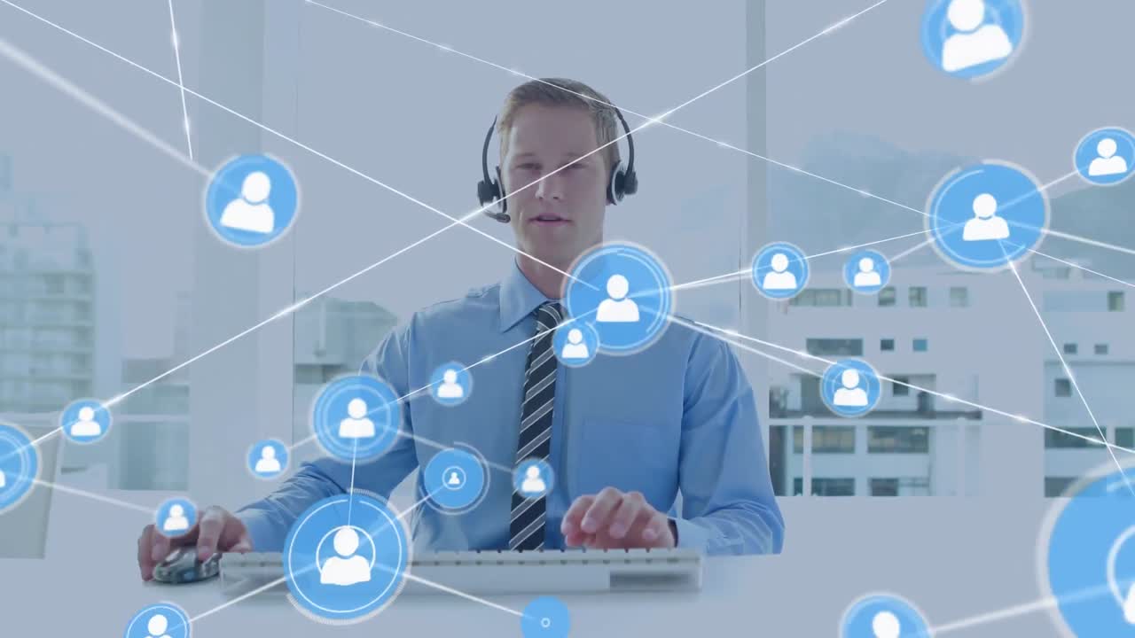Connettori in movimento e dati digitali su un uomo che lavora