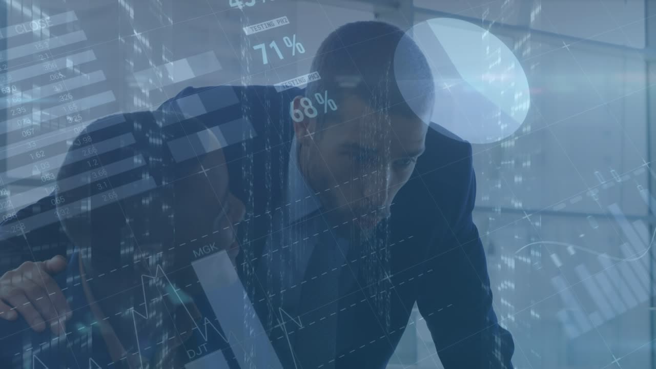 Animation of financial data and graphs over diverse businessman and businesswoman talking