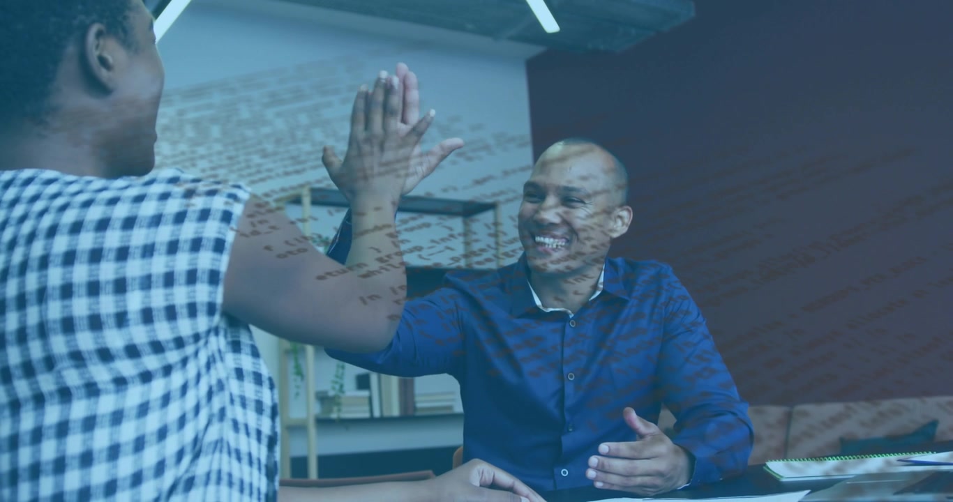 Woman handing document to man in business meeting, both approving plan then celebrating high-five