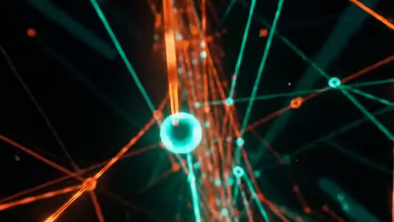 Dynamisk lavvinkelvideo af glødende neonlinjer og knudepunkter, der skaber et futuristisk netværk
