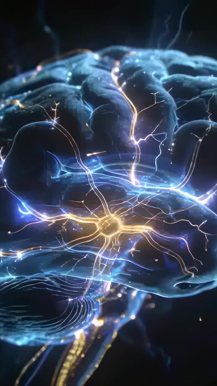 Vertical video: Bursting central neuron sending pulses across blue brain, sustaining neural rhythms