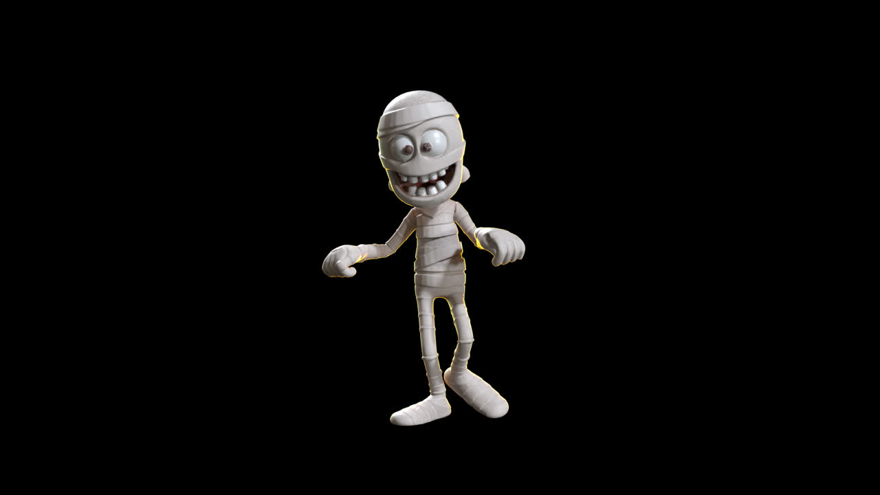 Personaje divertido de momia de dibujos animados bailando sobre fondo negro