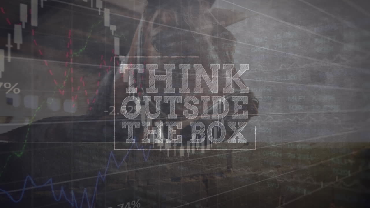 Animation of think outside the box text over financial data processing against horse in a stable
