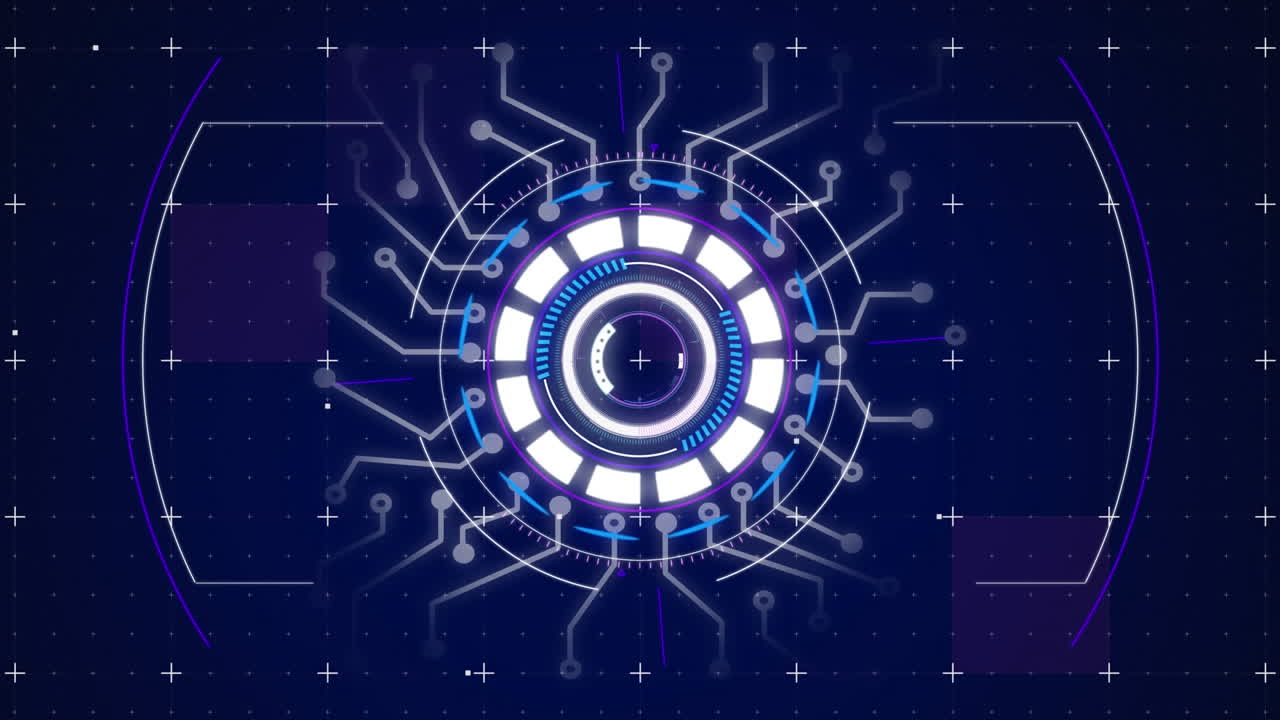 Animation of digital screen with diverse data, purple stain and processing circle