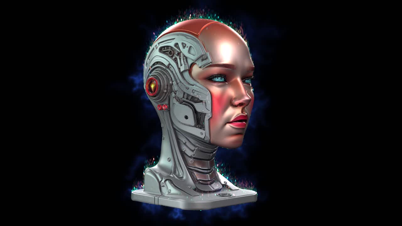 Design altamente dettagliato di rendering in 3D di una testa di cyborg 04, metà umana, metà robot con parti meccaniche scoperte ed elementi tecnologici luminosi, circondata da un'aura blu e scintille di particelle su uno sfondo scuro