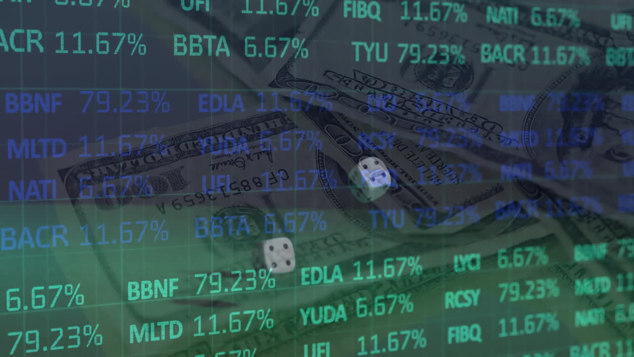 두 개의 주사위와 초록색 배경의 미국 달러 지폐에 대한 금융 데이터 처리 애니메이션