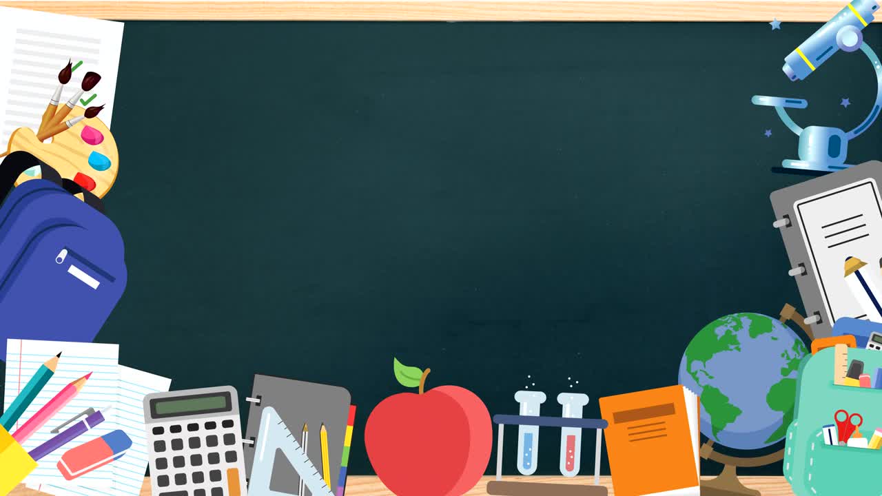 Animação de vários materiais escolares movendo-se em um quadro-negro