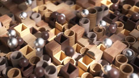 abstract geometric pattern of wood blocks and spheres