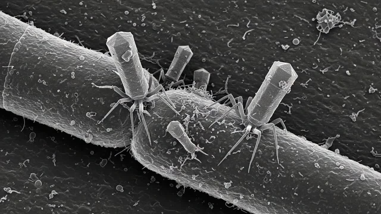 Microscopic View of Bacterial Interactions: Advanced Imaging Reveals the Complex Relationship Between Bacteria and Bacterial Viruses Revealed in Two Frames