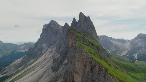 seceda ridgeline in dolomites, aerial tracking shot