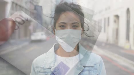 video compuesto digital de una persona contando billetes de euro contra una mujer con máscara facial en el fondo
