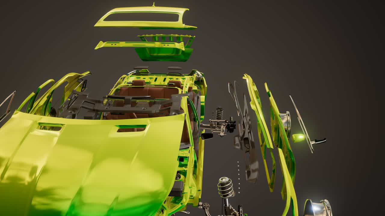 coche desmontado con partes visibles