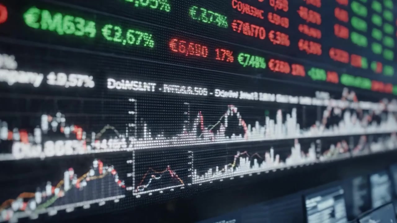 Et højteknologisk finansielt handelsgulv, der viser dynamiske aktiemarkedsdata og analytikere engageret i realtidsbeslutningstagning for optimale investeringer
