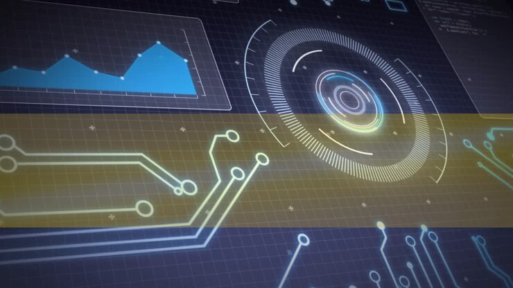 Animation of futuristic digital interface with graphs and circuit patterns on grid