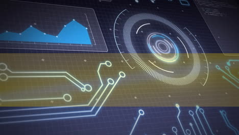Animation of futuristic digital interface with graphs and circuit patterns on grid