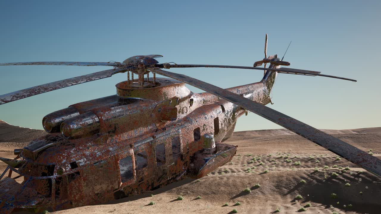 viejo helicóptero militar oxidado en el desierto al atardecer