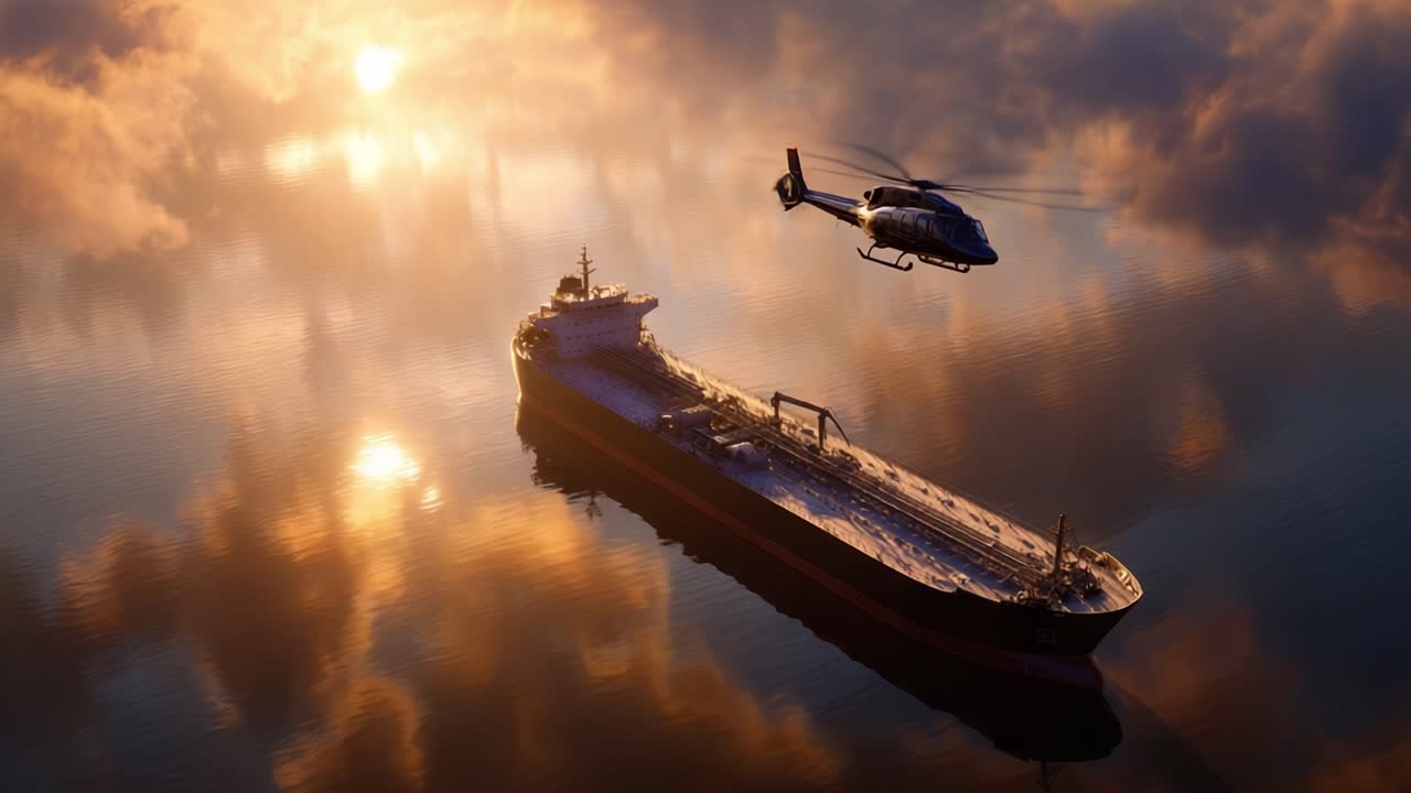 Un elicottero vola sopra una grande nave all'alba dorata. L'acqua riflette perfettamente il cielo e la nave. La scena appare calma e maestosa. Adatto per temi marittimi, di soccorso o di viaggio.