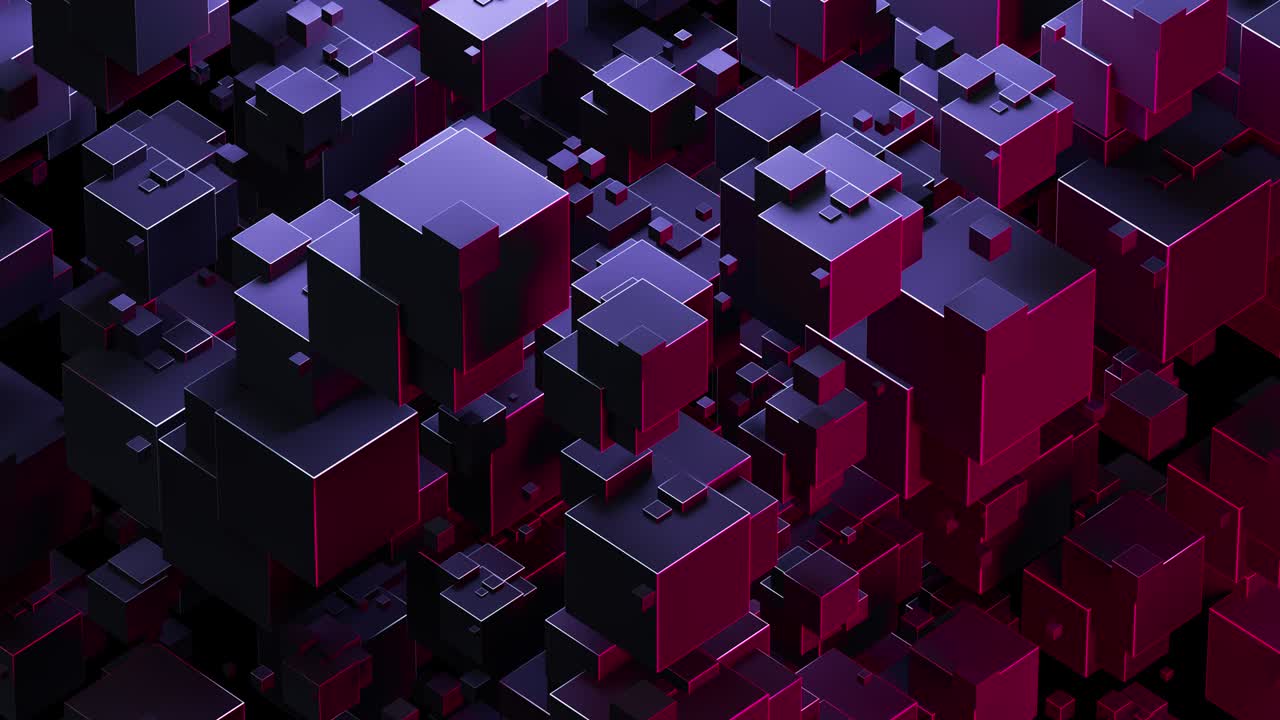 fondo abstracto creativo con formas geométricas giratorias. figuras transformadoras, diseño moderno de moda, estructura de bloques. composición de tecnología digital, colores de neón. bucle sin costuras 4k