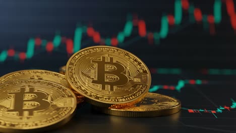 an insightful look into cryptocurrency: golden bitcoin coins resting against a backdrop of financial data and rising graphs, symbolizing market trends