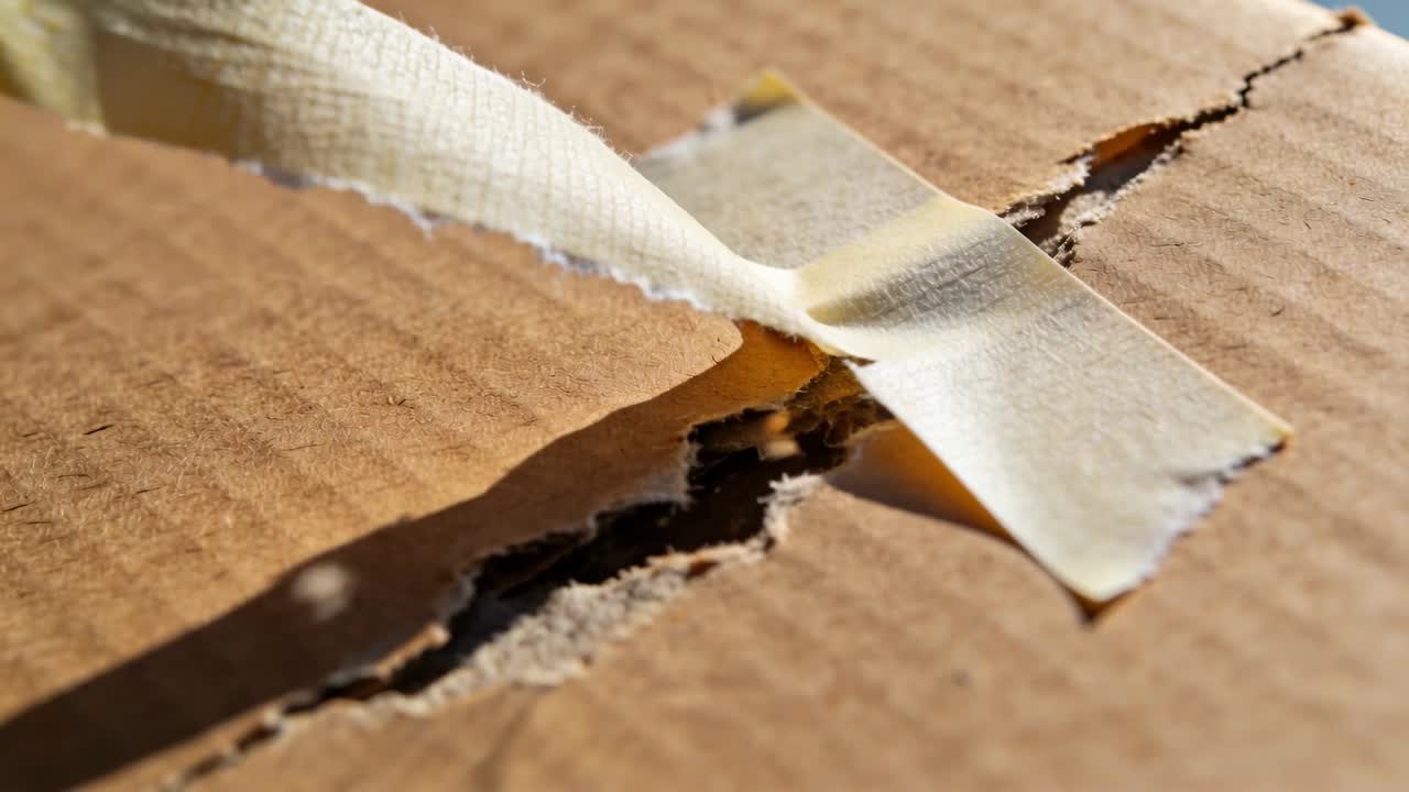 Lifting end, peeling pale crepe tape revealing torn corrugated cardboard close-up exposing fibers