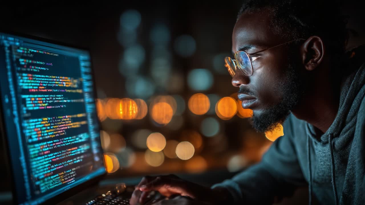 Focused Programmer Analyzing Code on Computer Screen with Warm Bokeh Background in an Evening Setting