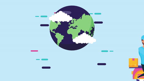 logistic delivery worker in motorcycle with earth planet