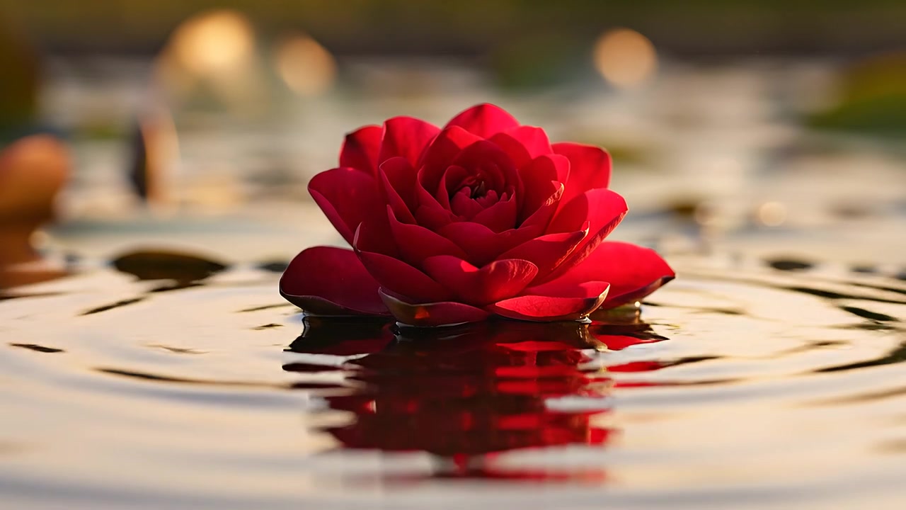 水面に浮かぶ赤い蓮の花と流れ込む水流