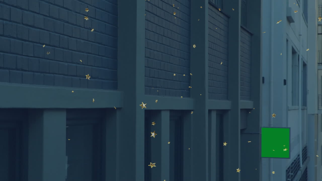 Floating stars animation illuminating dark blue brick building exterior at night