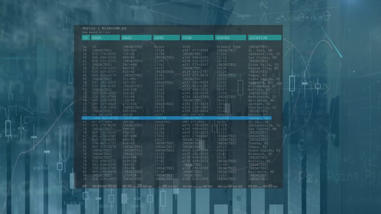 Animazione di elaborazione dati statistici su una sala server di computer vuota.