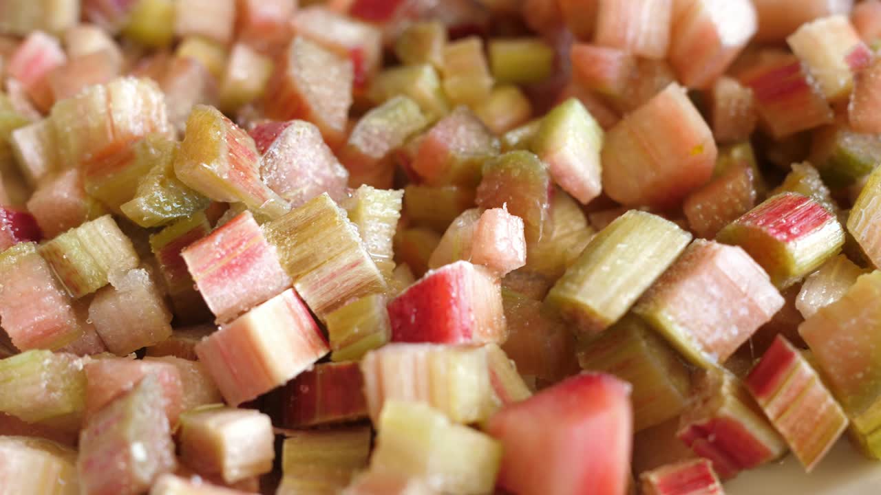 diced sliced rhubarb is turned turning round around